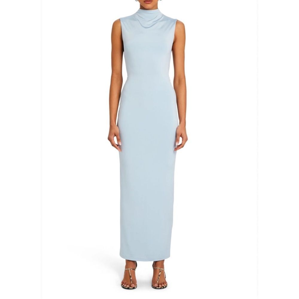 NWT SER.O.YA Olive Gown Powder Blue Med Open Back Mock Neck Jersey Maxi Dress
